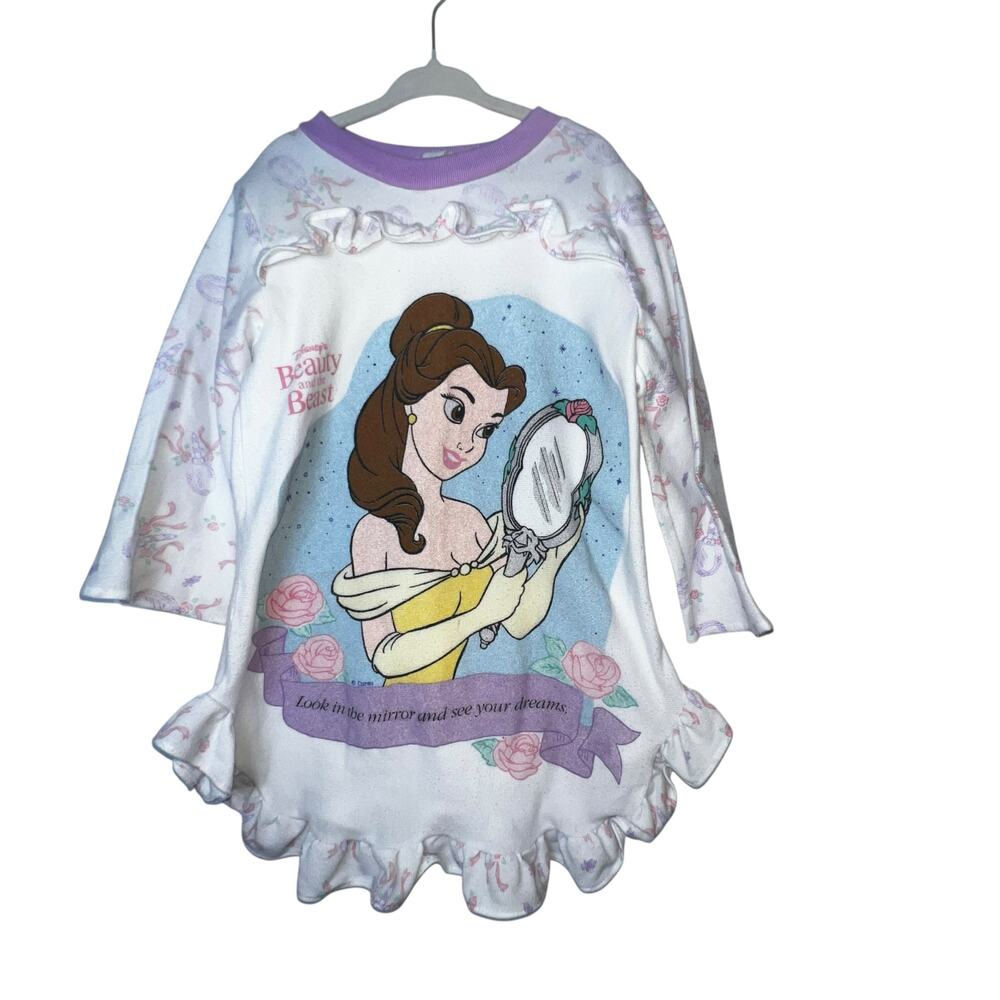 Vintage 90 Disney Beauty and Beast Princess  Belle mirror ruffled girl nightgown